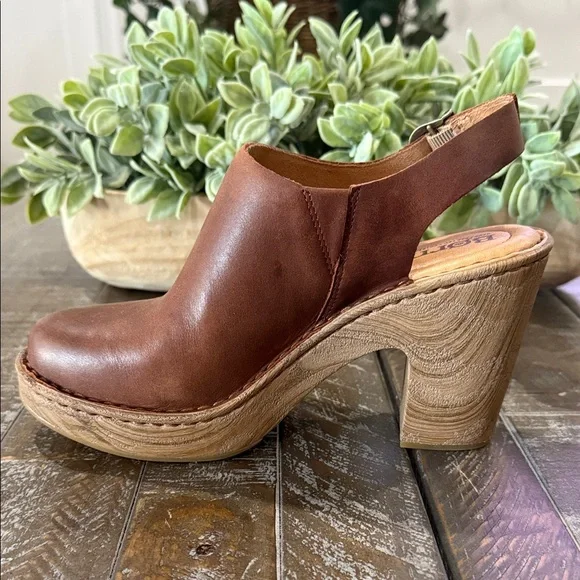 BORN Calypso Brown Leather Slingback Clogs Heels NIB Size 7 - Picture 6 of 12
